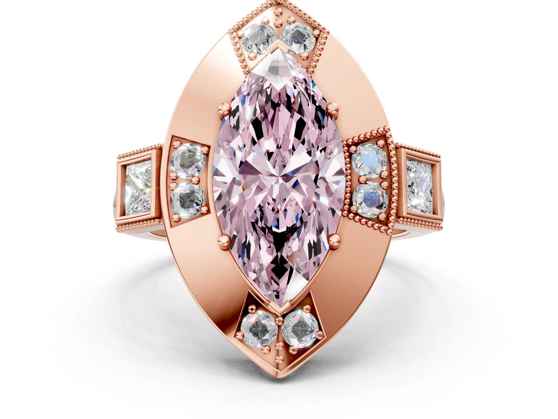 Rose gold Milgrain Fancy Pink Marquise Cut Diamond Halo Split Shank Ring