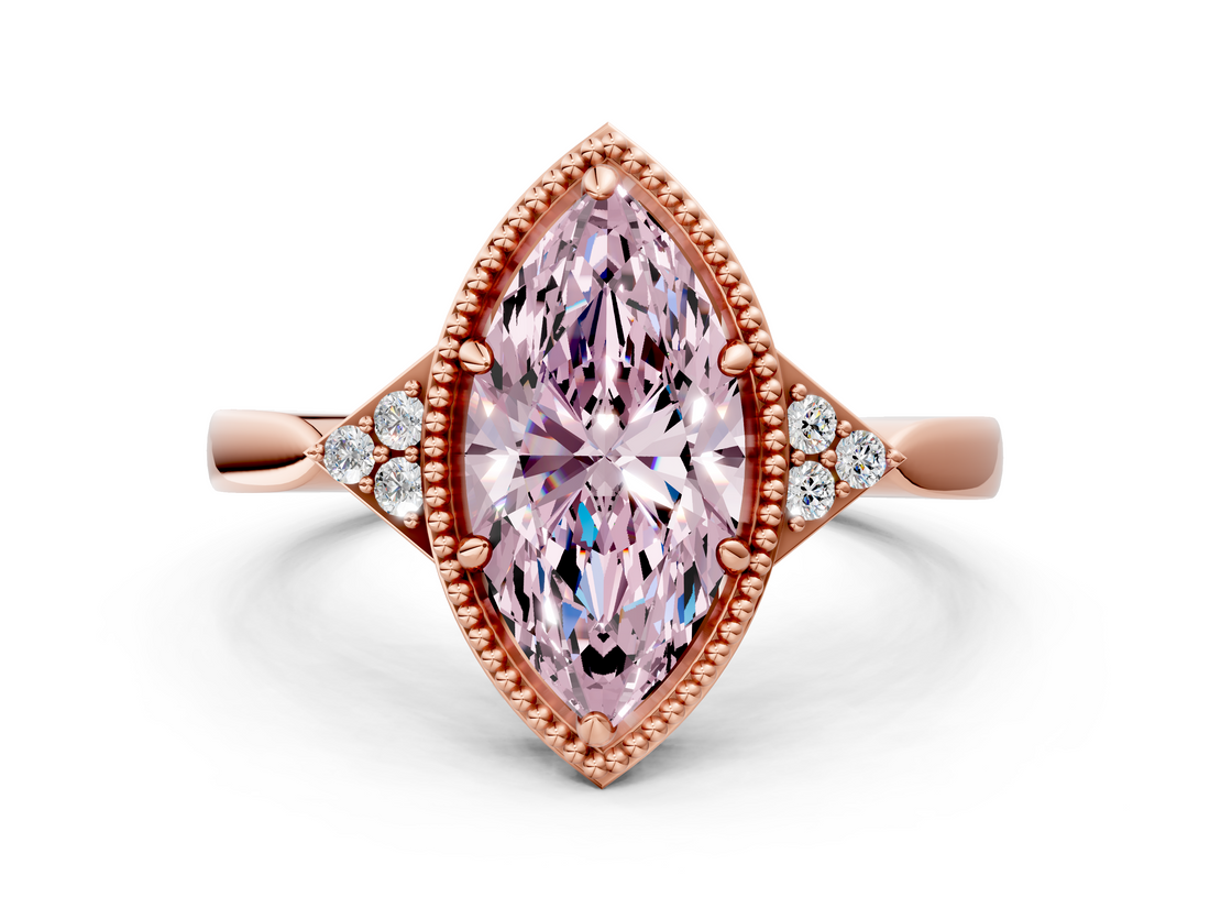 Rose gold Milgrain Fancy Pink Marquise  Cut Diamond Ring with Tapered Pave Band and Four Prong Setting_3