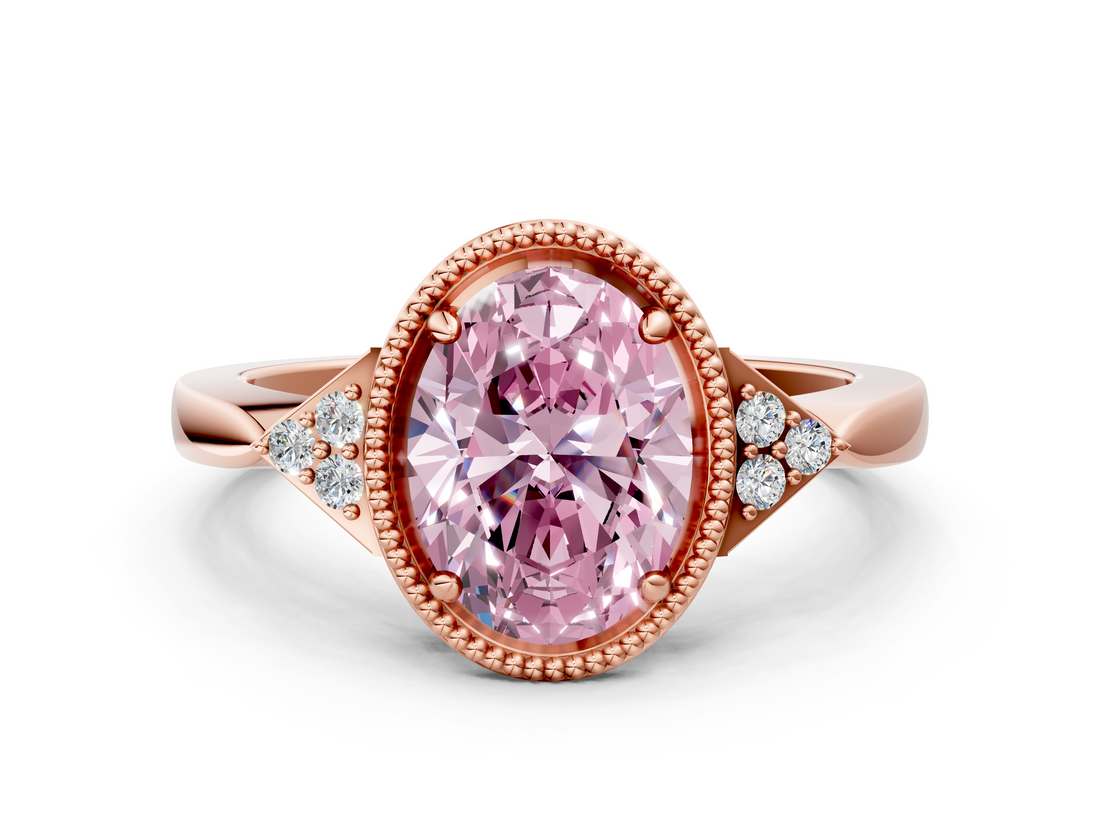 Rose gold Milgrain Fancy Pink Oval  Cut Diamond Ring with Tapered Pave Band and Four Prong Setting_3