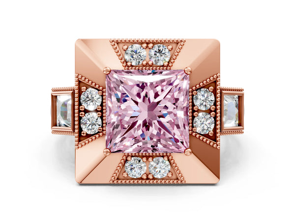 Rose Gold Princess Cut Vintage Halo Engagement Ring Setting for Fancy Pink Center - Design RJ-711