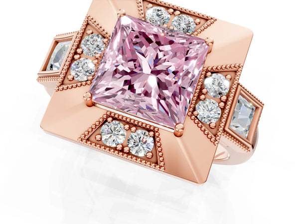 Rose Gold Princess Cut Vintage Halo Engagement Ring Setting for Fancy Pink Center - Design RJ-711
