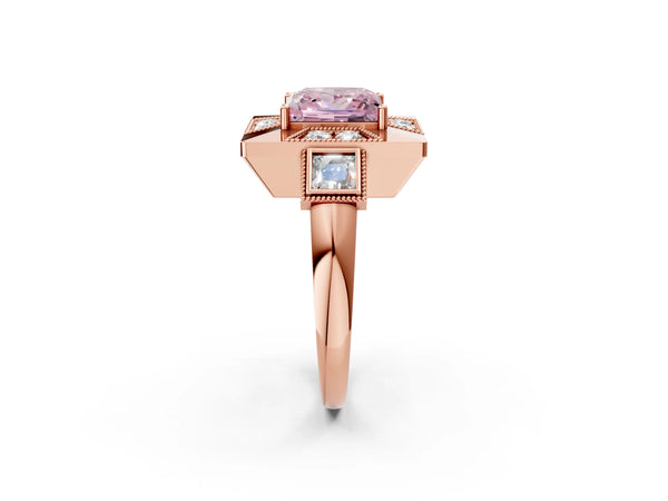 Rose Gold Princess Cut Vintage Halo Engagement Ring Setting for Fancy Pink Center - Design RJ-711