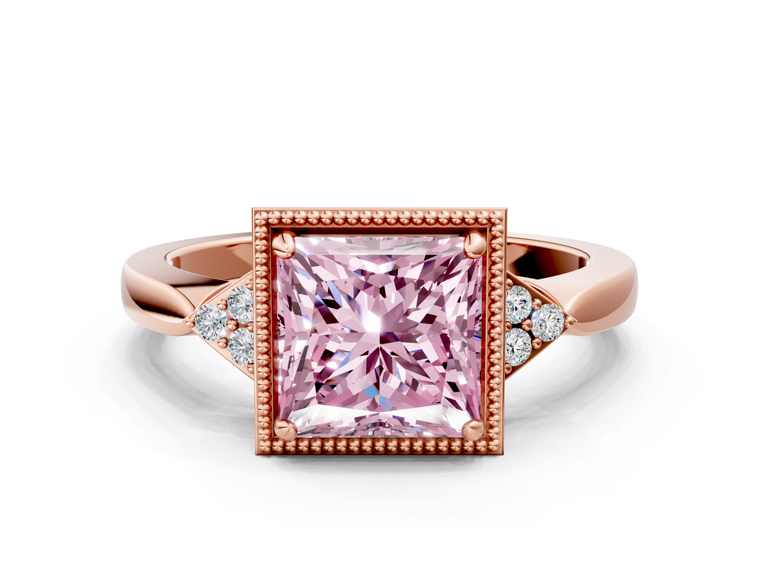 Rose gold Milgrain Fancy Pink Princess  Cut Diamond Ring with Tapered Pave Band and Four Prong Setting_22