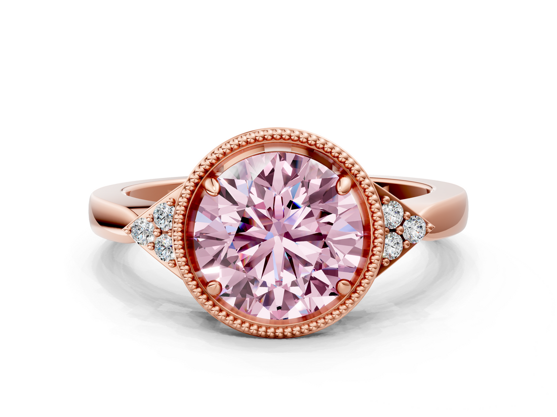Rose gold Milgrain Fancy Pink Round  Cut Diamond Ring with Tapered Pave Band and Four Prong Setting_27