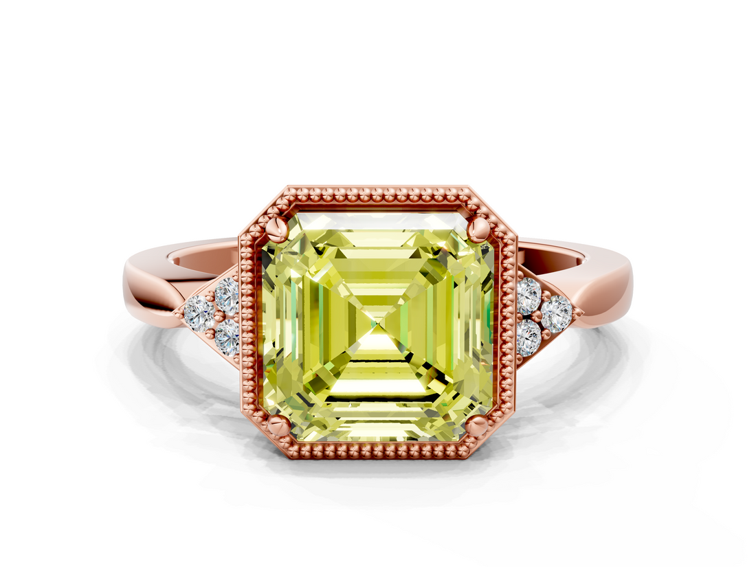 Rose gold Milgrain Fancy Yellow Asscher  Cut Diamond Ring with Tapered Pave Band and Four Prong Setting_34
