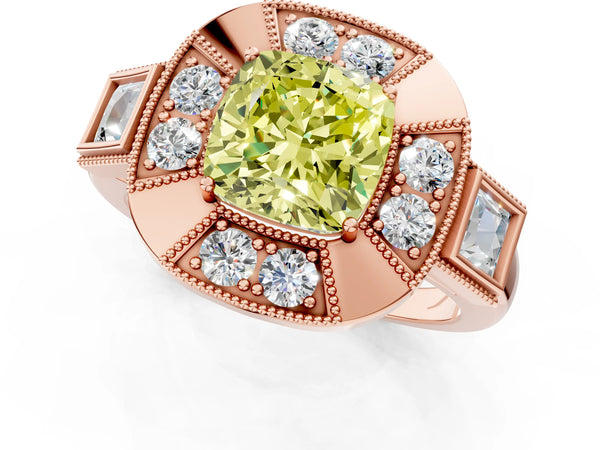 Rose Gold Cushion Cut Vintage Halo Engagement Ring Setting for Fancy Yellow Center - Design RJ-711