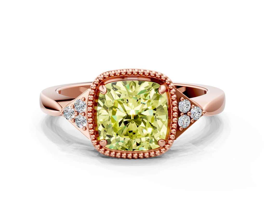 Rose gold Milgrain Fancy Yellow Cushion  Cut Diamond Ring with Tapered Pave Band and Four Prong Setting_3