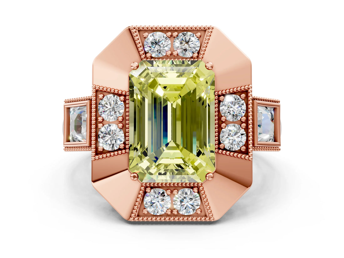 Rose gold Milgrain Fancy Yellow Emerald Cut Diamond Halo Split Shank Ring