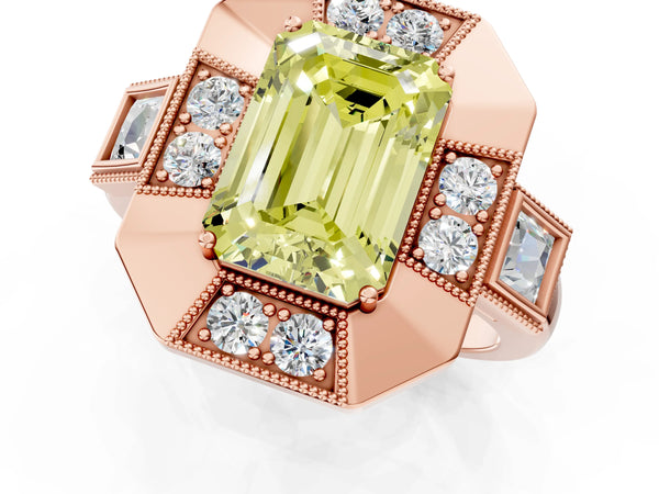 Rose Gold Emerald Cut Vintage Halo Engagement Ring Setting for Fancy Yellow Center - Design RJ-711
