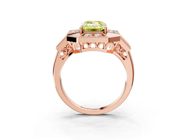 Rose Gold Emerald Cut Vintage Halo Engagement Ring Setting for Fancy Yellow Center - Design RJ-711