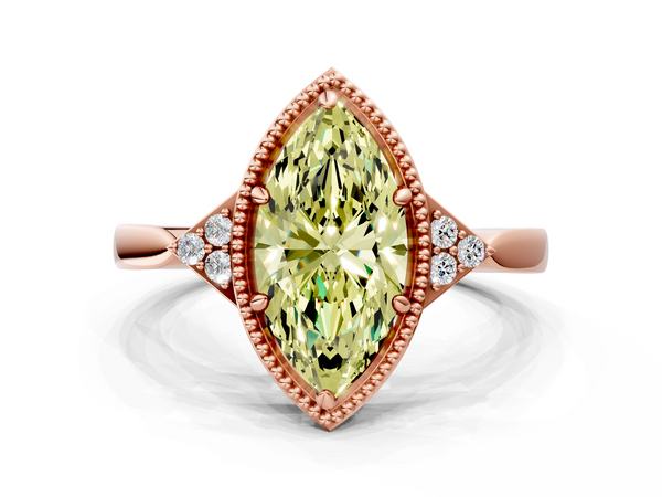 Rose gold Milgrain Fancy Yellow Marquise  Cut Diamond Ring with Tapered Pave Band and Four Prong Setting