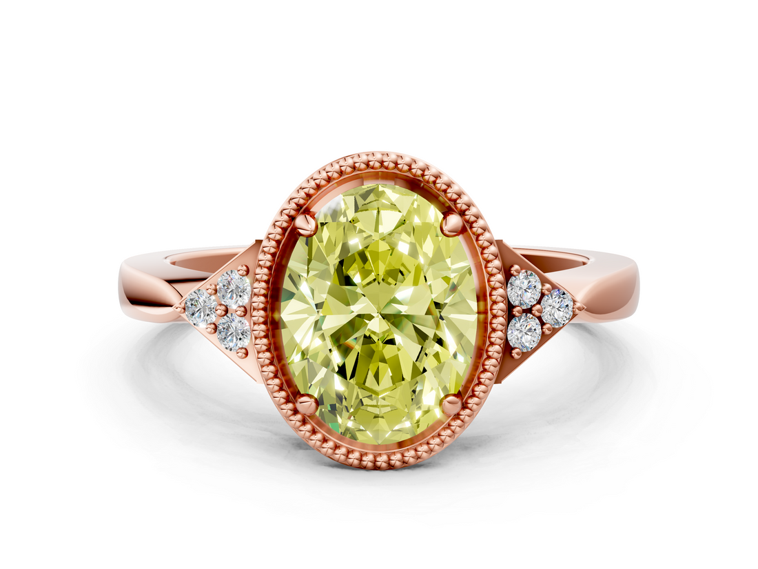 Rose gold Milgrain Fancy Yellow Oval  Cut Diamond Ring with Tapered Pave Band and Four Prong Setting_3