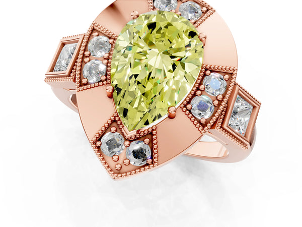 Rose Gold Pear-Shaped Vintage Halo Engagement Ring Setting for Fancy Yellow Center - Design RJ-711
