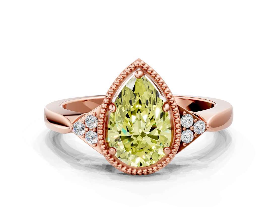 Rose gold Milgrain Fancy Yellow Pear  Cut Diamond Ring with Tapered Pave Band and Four Prong Setting_3