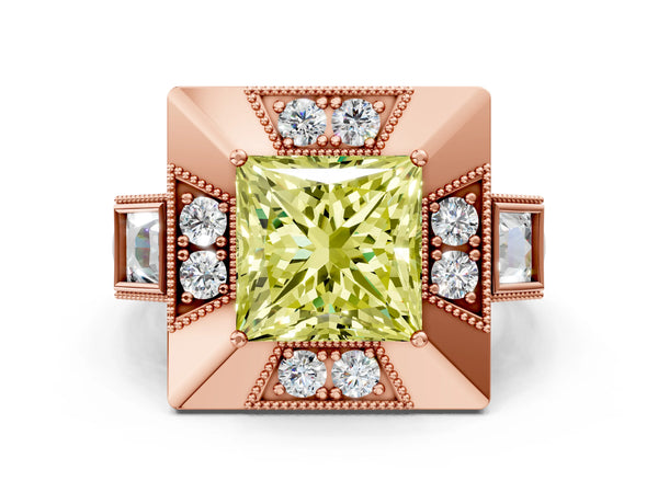 Rose Gold Princess Cut Vintage Halo Engagement Ring Setting for Fancy Yellow Center - Design RJ-711