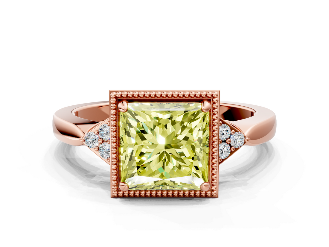 Rose gold Milgrain Fancy Yellow Princess  Cut Diamond Ring with Tapered Pave Band and Four Prong Setting_23