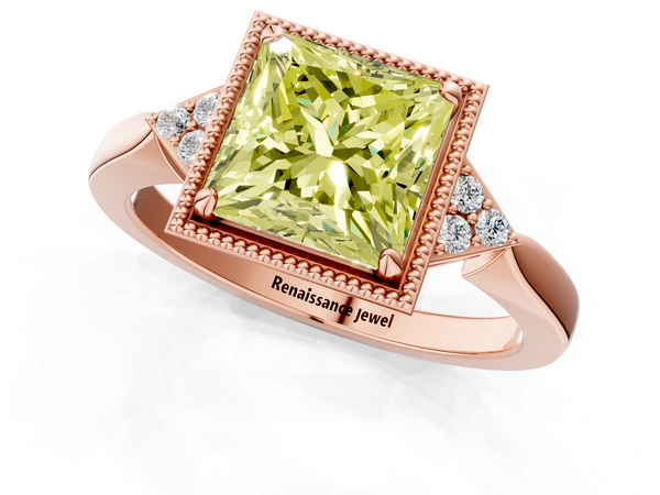 Rose gold Milgrain Fancy Yellow Princess  Cut Diamond Ring with Tapered Pave Band and Four Prong Setting