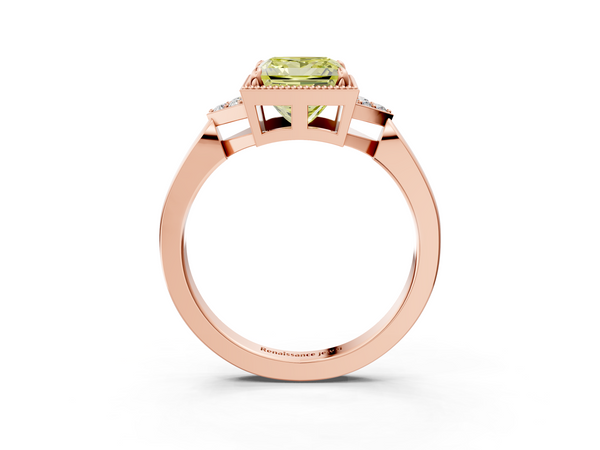 Rose gold Milgrain Fancy Yellow Princess  Cut Diamond Ring with Tapered Pave Band and Four Prong Setting