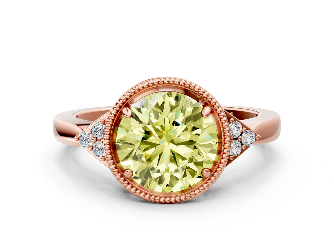 Rose gold Milgrain Fancy Yellow Round  Cut Diamond Ring with Tapered Pave Band and Four Prong Setting_23