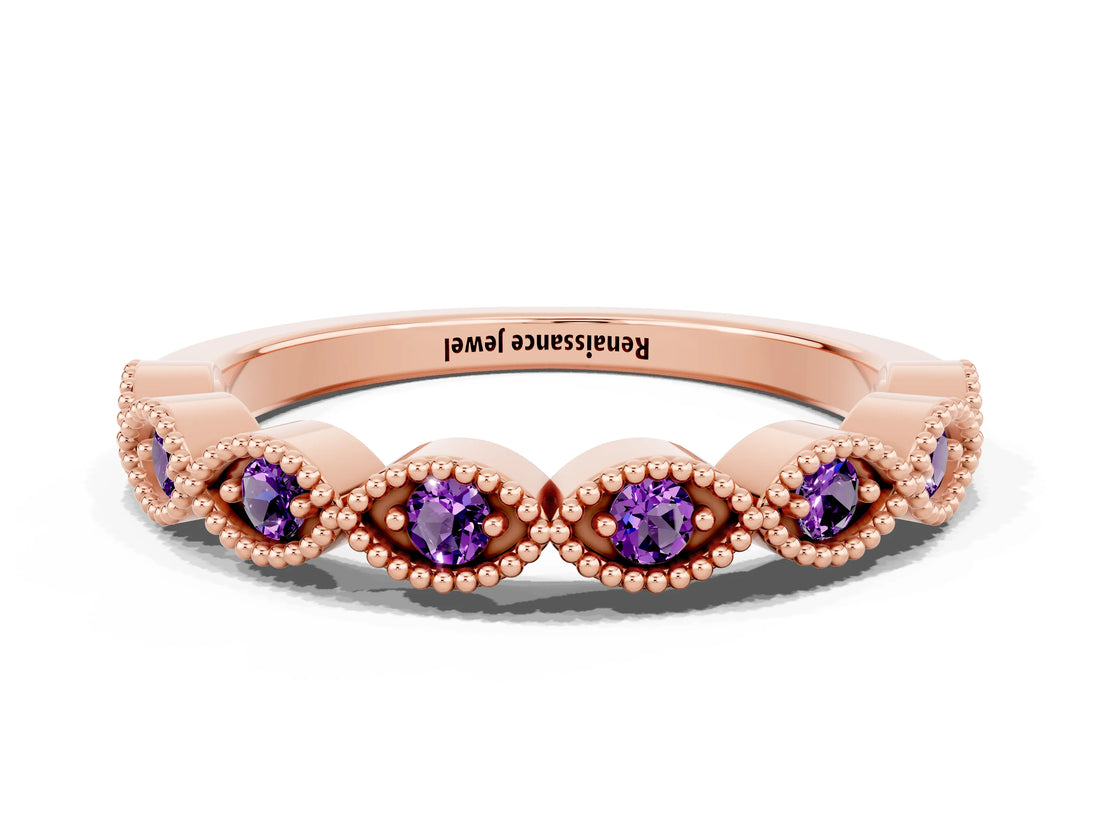 Rose gold Milgrain Marquise Amethyst Half Eternity Band with Bezel Setting_18