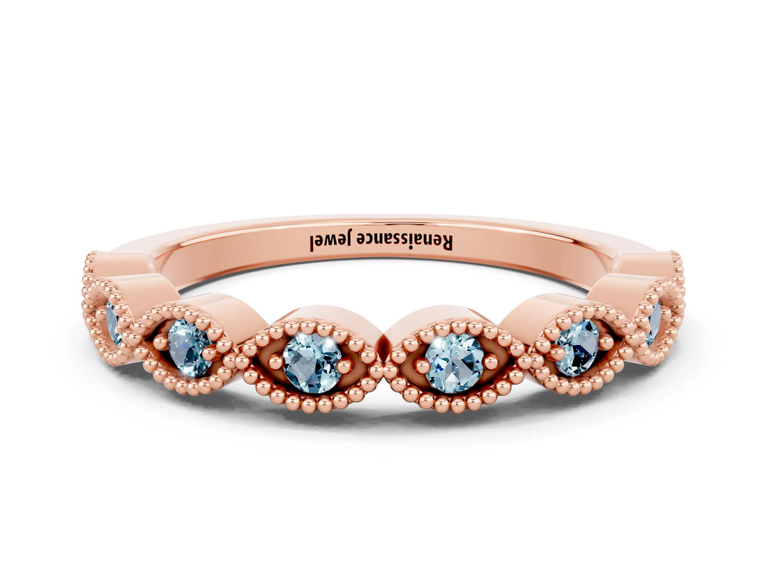 Rose gold Milgrain Marquise Aquamarine Half Eternity Band with Bezel Setting_18