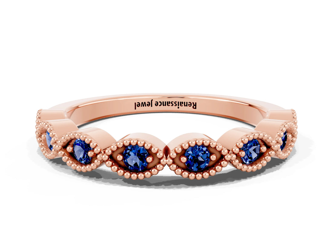Rose gold Milgrain Marquise Blue Sapphire Half Eternity Band with Bezel Setting_18