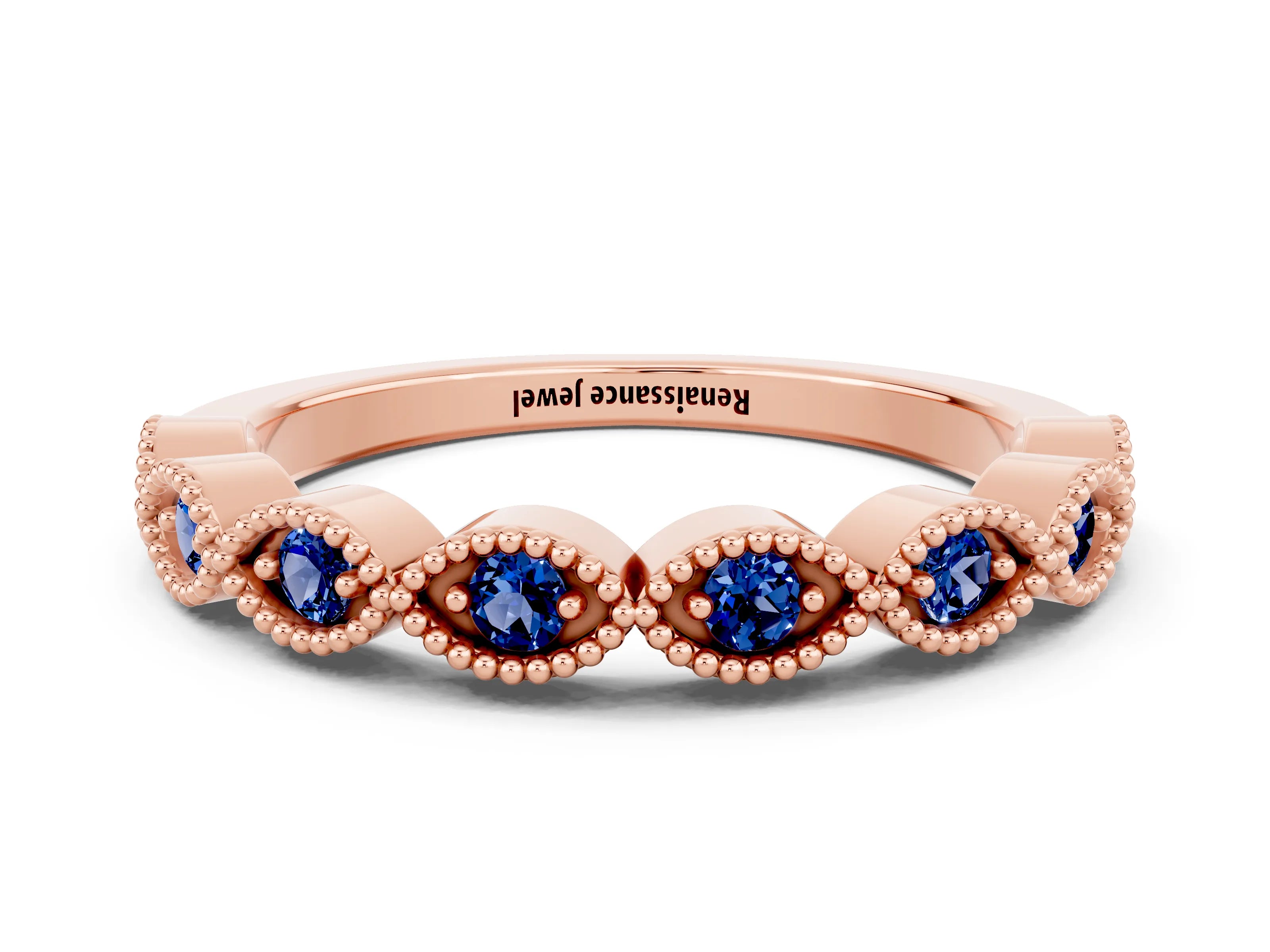 Rose gold Milgrain Marquise Blue Sapphire Half Eternity Band with Bezel Setting_6