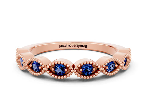 Rose gold Milgrain Marquise Blue Sapphire Half Eternity Band with Bezel Setting_6