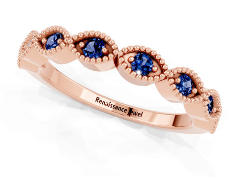 Rose gold Milgrain Marquise Blue Sapphire Half Eternity Band with Bezel Setting_7