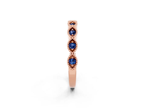 Rose gold Milgrain Marquise Blue Sapphire Half Eternity Band with Bezel Setting_8