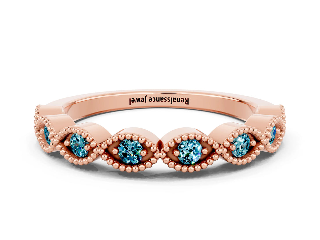Rose gold Milgrain Marquise Blue Topaz Half Eternity Band with Bezel Setting_18