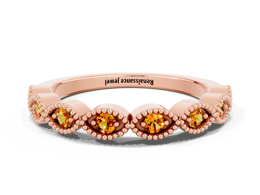 Rose gold Milgrain Marquise Citrine Half Eternity Band with Bezel Setting_18