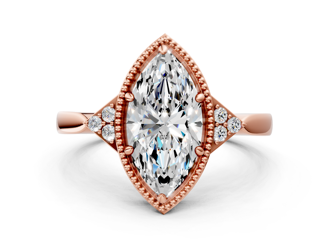 Rose gold Milgrain Marquise Cut Diamond Ring with Tapered Pave Band and Four Prong Setting_3