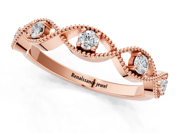 Rose gold Milgrain Marquise Diamond Band with Round Cut Stones and Bezel Setting