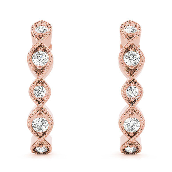 Rose gold Milgrain Marquise Diamond Hoop Earrings with Bezel Setting 2