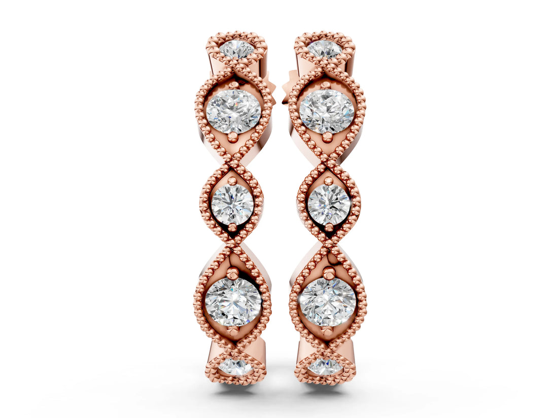 Rose gold Milgrain Marquise Diamond Hoop Earrings with Bezel Setting_14