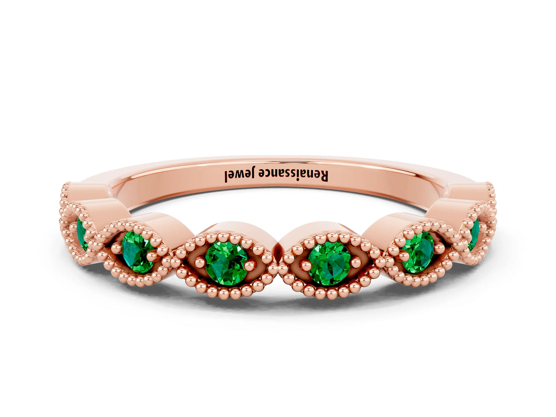 Rose gold Milgrain Marquise Emerald Half Eternity Band with Bezel Setting_18
