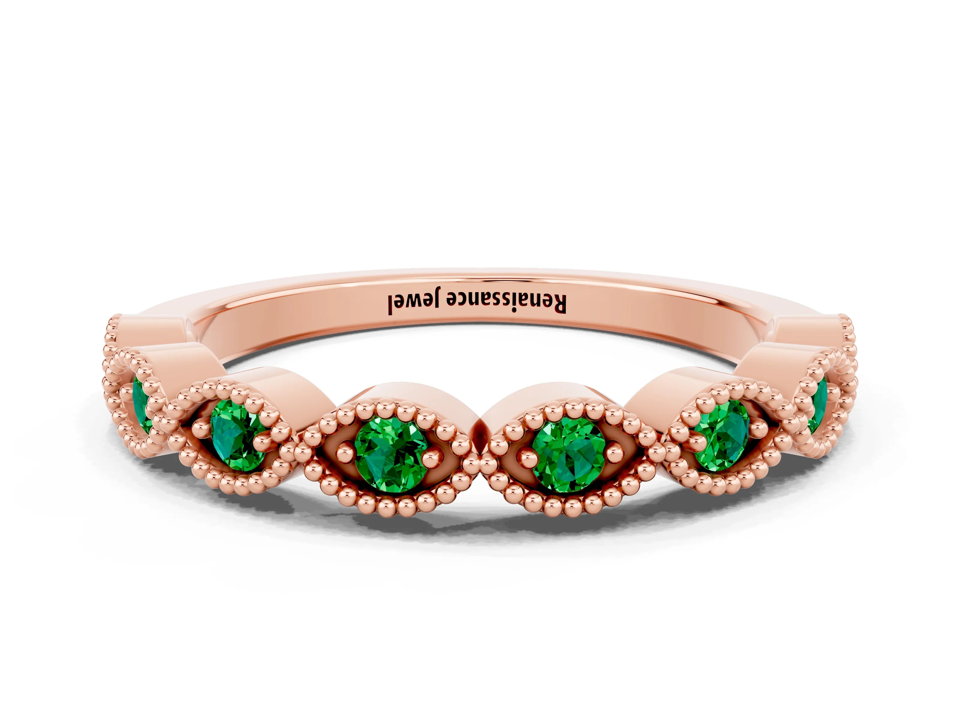 Rose gold Milgrain Marquise Emerald Half Eternity Band with Bezel Setting_6