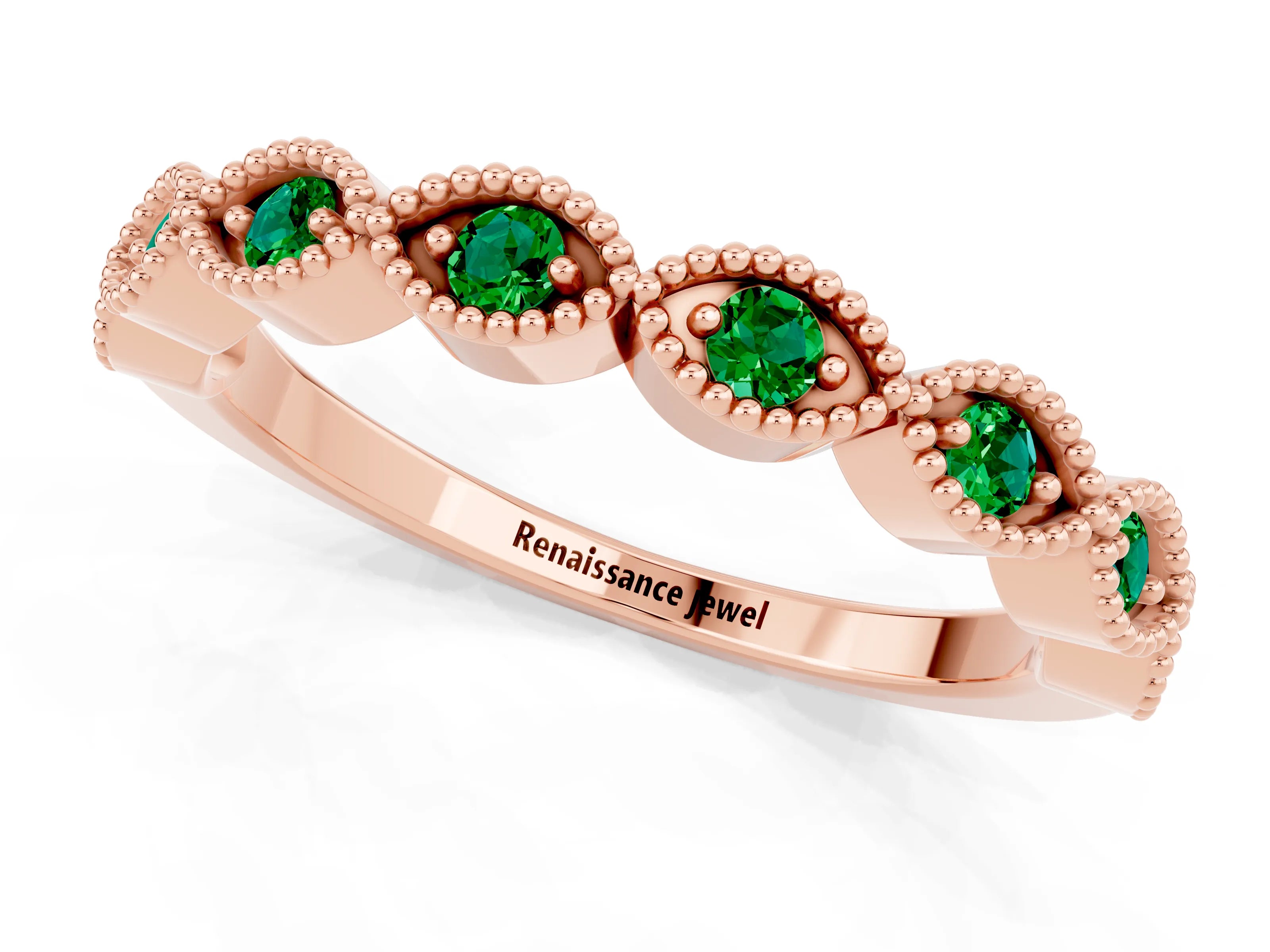 Rose gold Milgrain Marquise Emerald Half Eternity Band with Bezel Setting_7