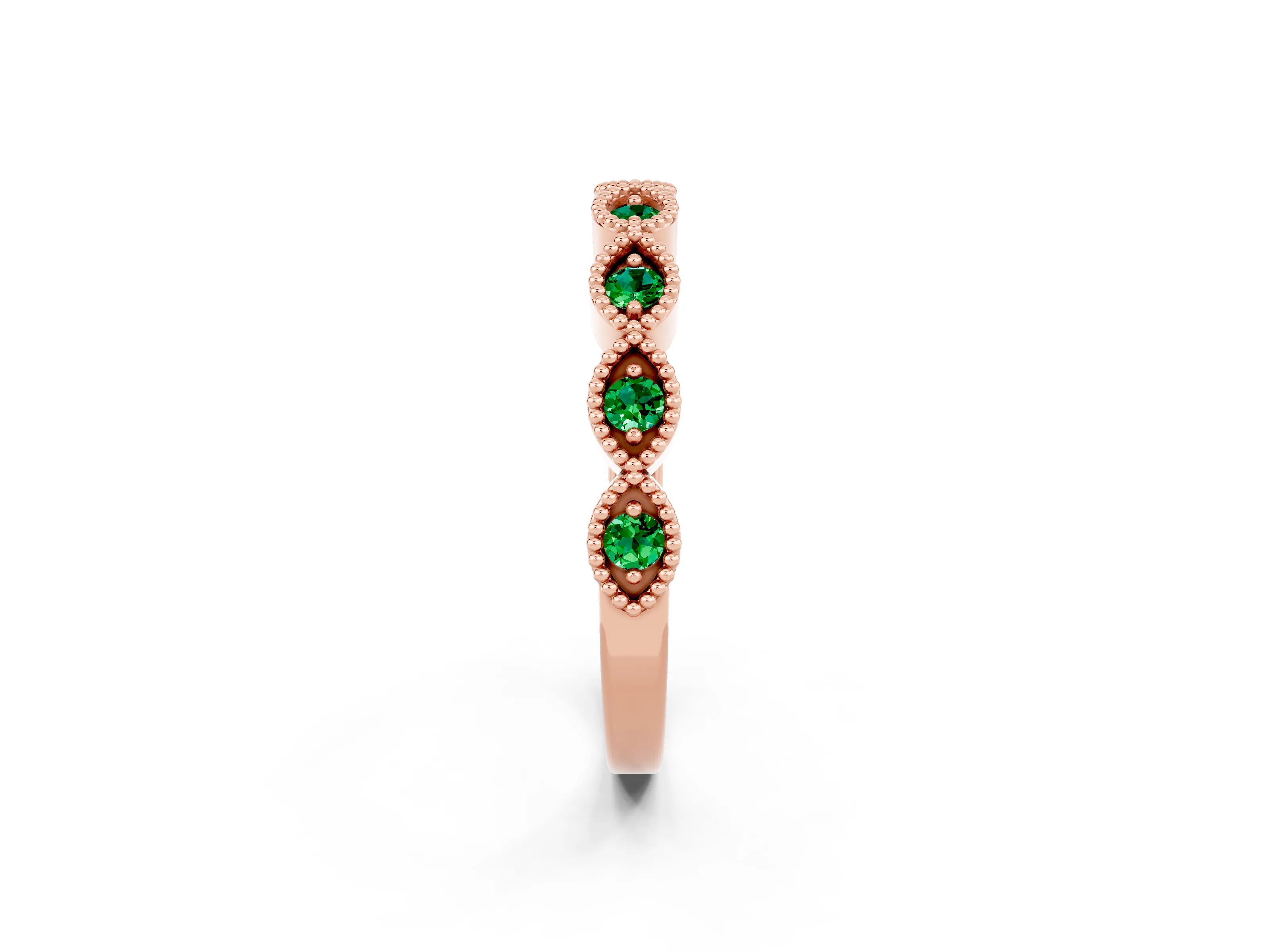 Rose gold Milgrain Marquise Emerald Half Eternity Band with Bezel Setting_8