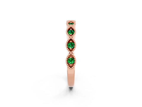 Rose gold Milgrain Marquise Emerald Half Eternity Band with Bezel Setting_8