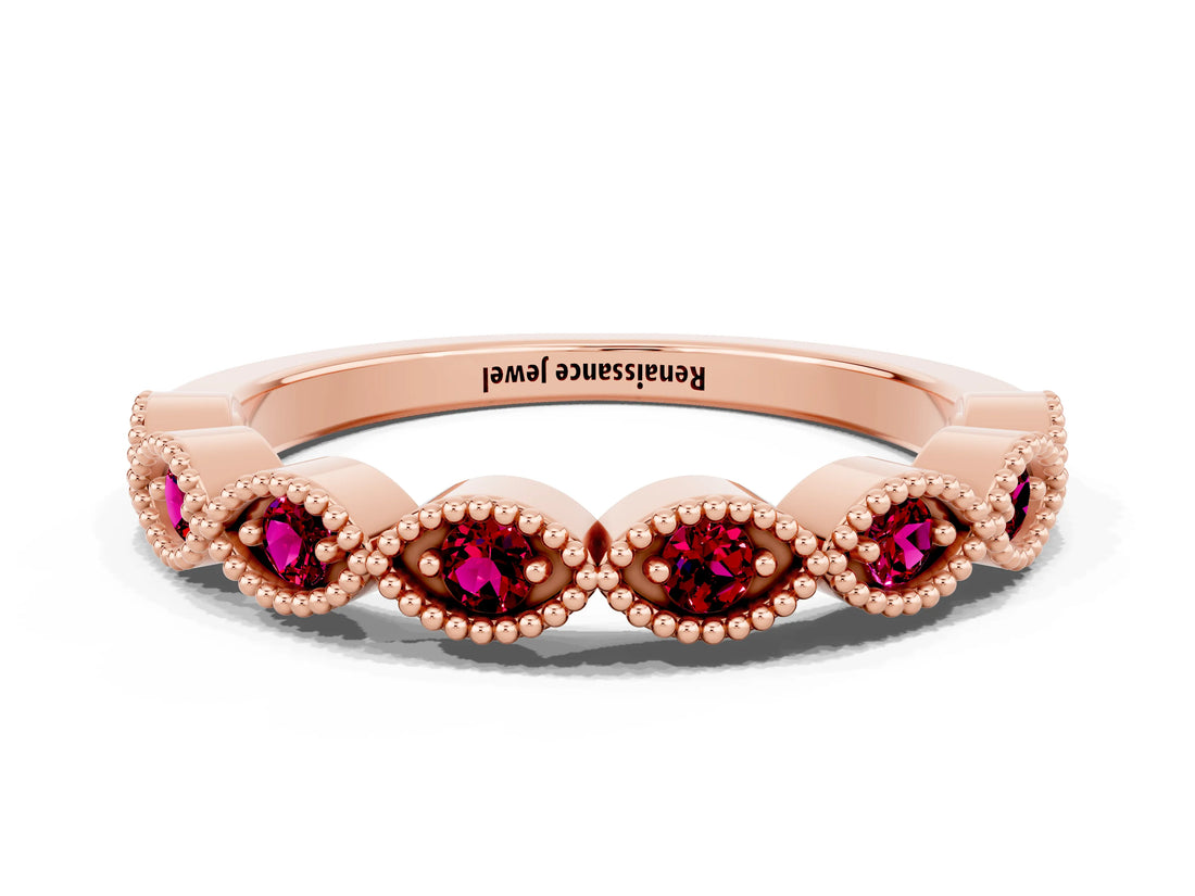 Rose gold Milgrain Marquise Garnet Half Eternity Band with Bezel Setting_18