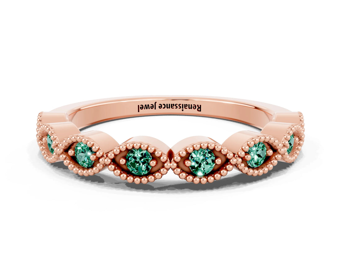 Rose gold Milgrain Marquise Green Sapphire Half Eternity Band with Bezel Setting_18