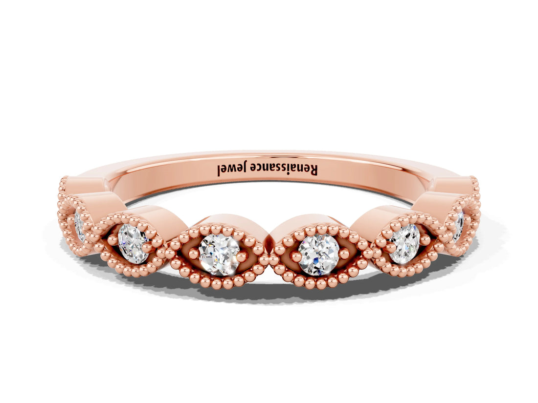 Rose gold Milgrain Marquise Moissanite Half Eternity Band with Bezel Setting_18