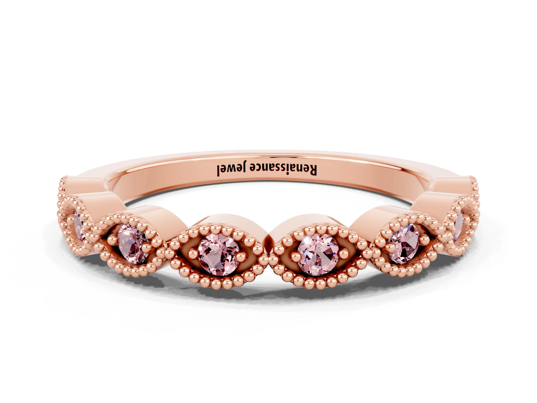 Rose gold Milgrain Marquise Morganite Half Eternity Band with Bezel Setting_18