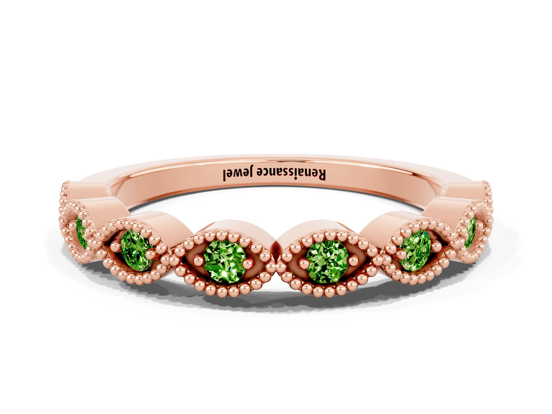 Rose gold Milgrain Marquise Peridot Half Eternity Band with Bezel Setting_18