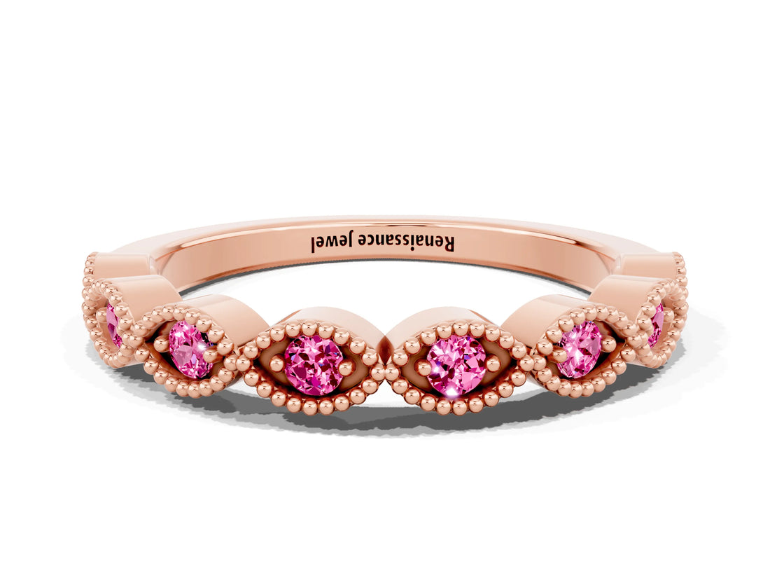 Rose gold Milgrain Marquise Pink Sapphire Half Eternity Band with Bezel Setting_18