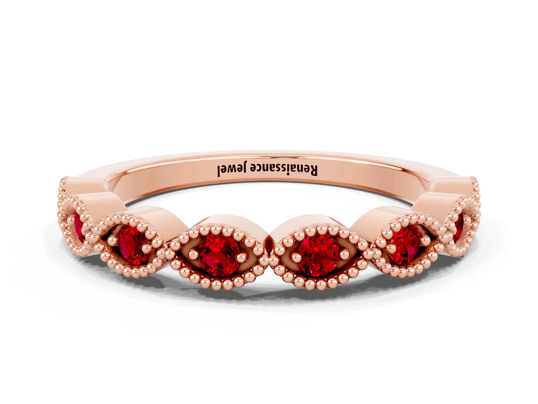 Rose gold Milgrain Marquise Ruby Half Eternity Band with Bezel Setting_18