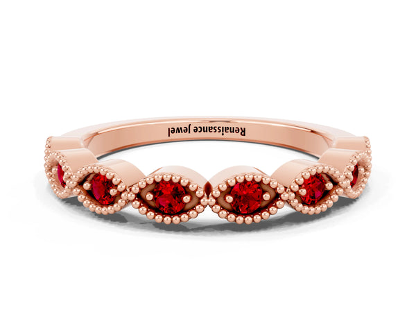 Rose Gold Round Lab-Grown Ruby Vintage Milgrain Marquise Frame Half Eternity Band