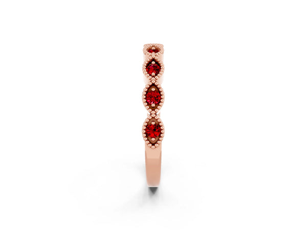 Rose Gold Round Lab-Grown Ruby Vintage Milgrain Marquise Frame Half Eternity Band